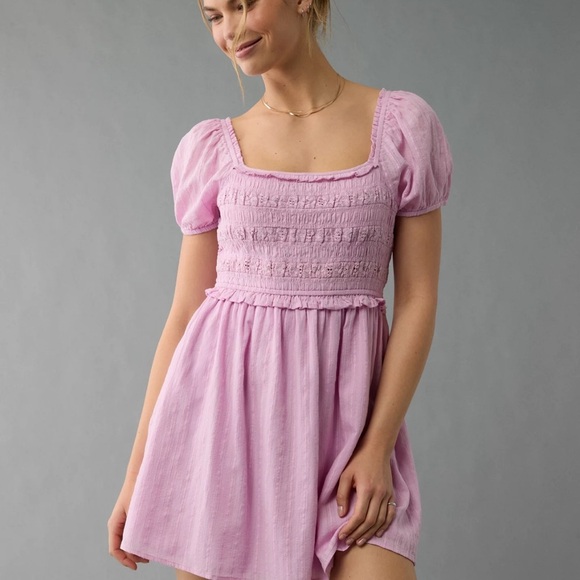AE Pink Babydoll Dress with Pleated Skirt and Square Neck - Picture 1 of 2